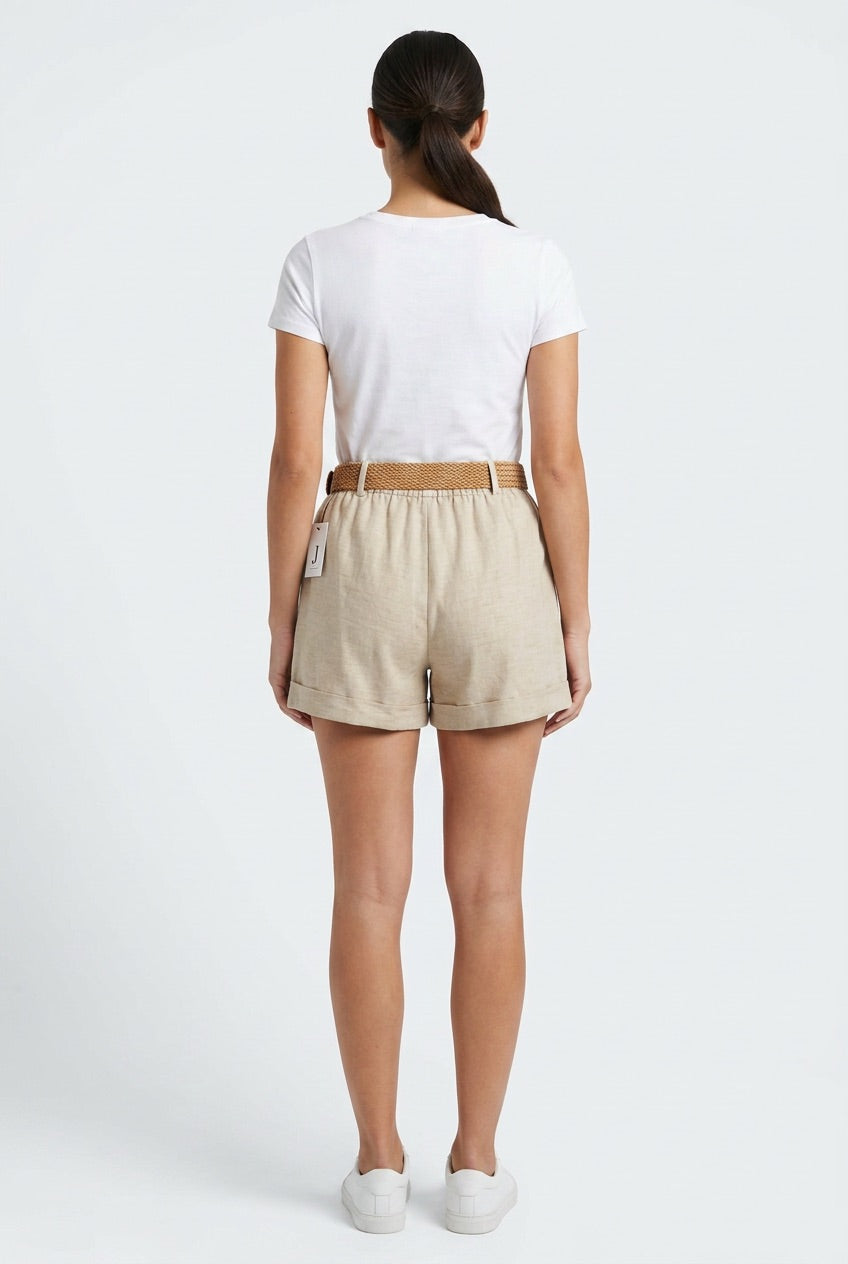 Linen Pleated Shorts w/ Woven Ratten Strech Belt